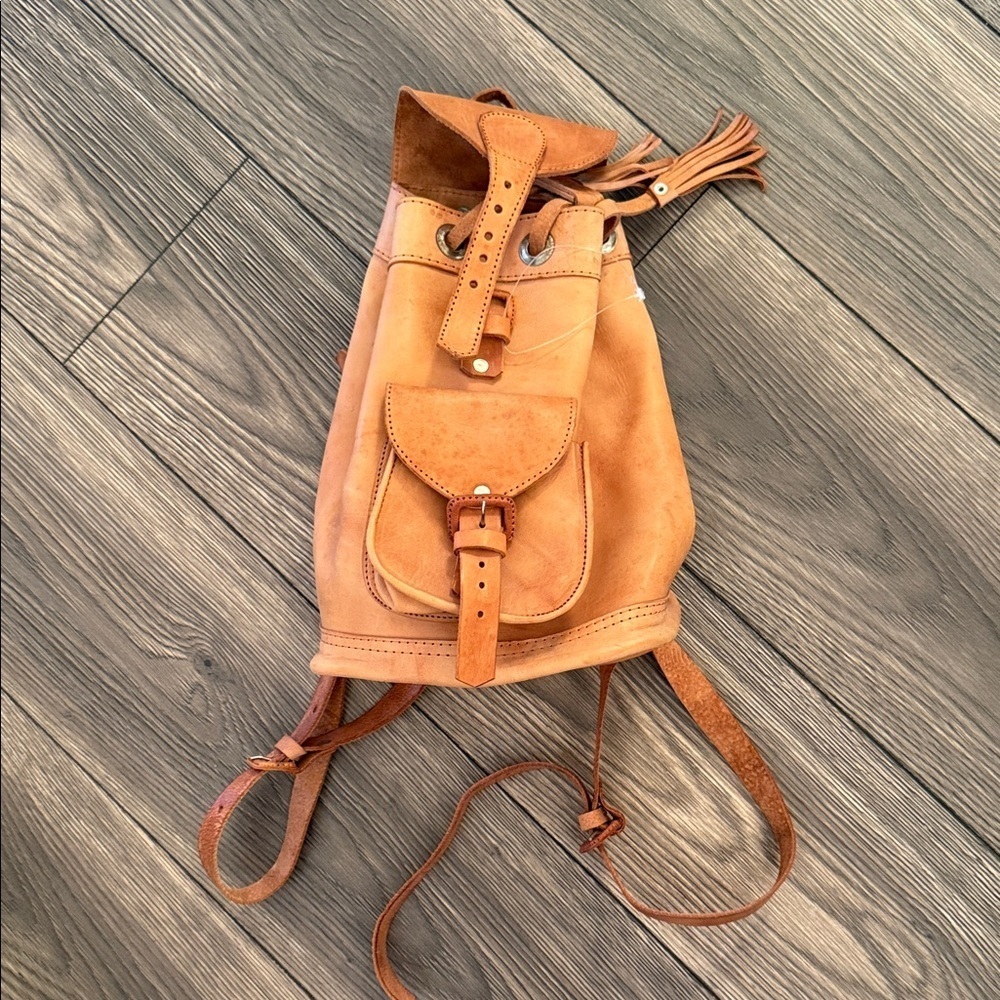 Classic Tan Leather Drawstring Backpack